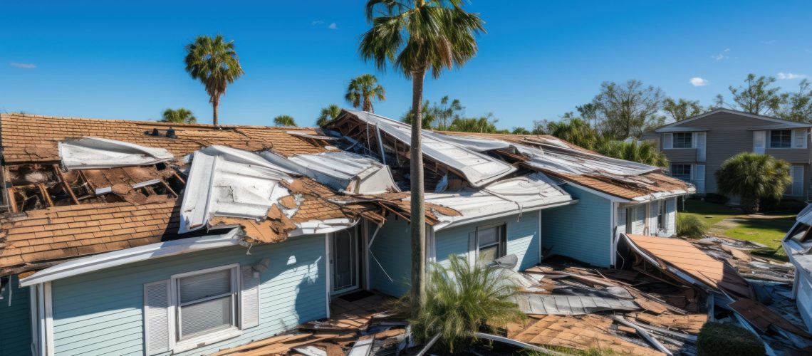 Hurricane force winds destroy roofs of suburban homes in mobile home neighborhoods in Florida.